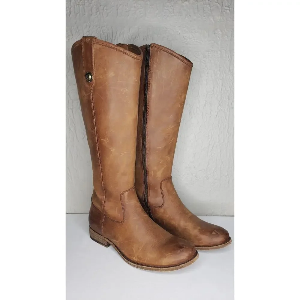 Frye Melissa Size 7B Button Inside Zip Tall Leather Boots Cognac Distressed
